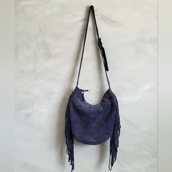 Ecote Blue Suede Side Fringe Cow Leather Bucket Sling Bag - Picture 1 of 15